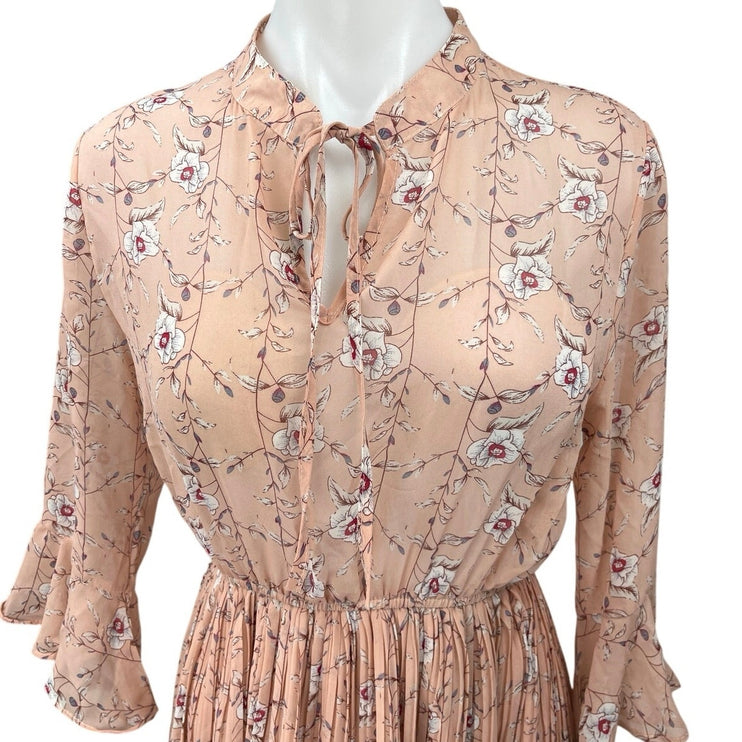 Homysu Women's Pink Floral Pleated 3/4 Sleeve Tie Neck A Line Midi Dress Size S