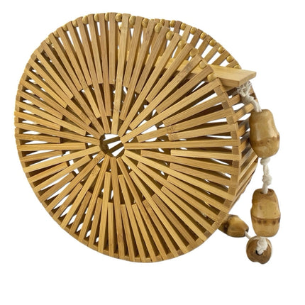 Women's Round Tan Bamboo Boho Hollow Out Beach Shoulder Crossbody Handbag OS