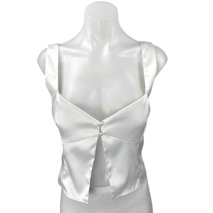 Princess Polly Women's White Silky Satin Sleeveless Cami Button Crop Tank Top 6