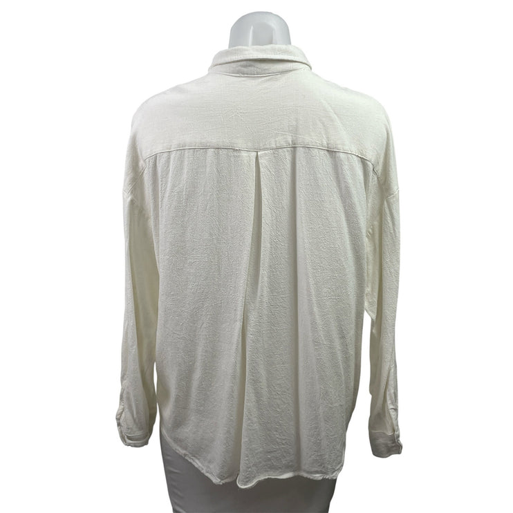 Musy Muse Women White 100% Linen Pocket Long Sleeve Button Down Shirt Top Size L