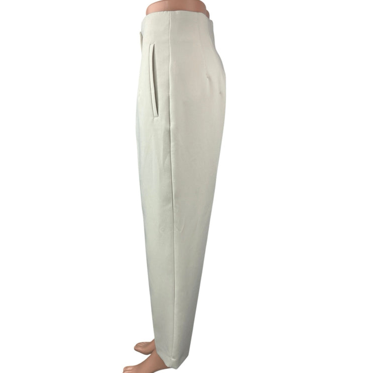 Zara Women's White High Waisted Pleated Ankle Straight Trouser Dress Pants Sz M