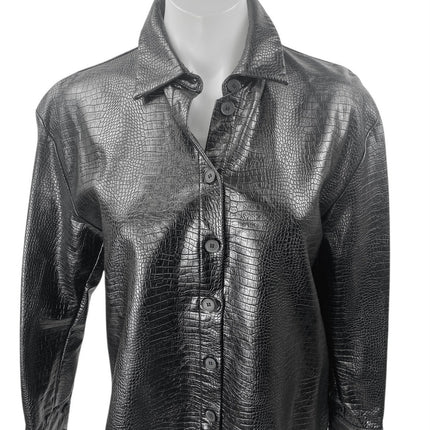 Zara Women's Black Faux Leather Vegan Croc Long Sleeve Button Up Jacket Size S