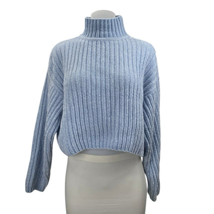 H&M Divided Blue Long Sleeve Turtleneck Ribbed Knit Cropped Sweater Top Size M