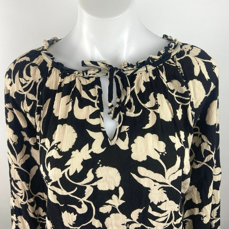 Knox Rose Black Floral Print Ruffle Tie Neck Balloon Long Sleeve Blouse Top Sz L