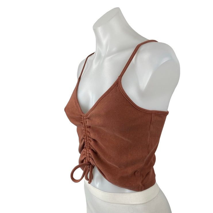 Zara Women's Brown Sleeveless Rib Knit Ruched V Neck Cami Tank Crop Top Size M