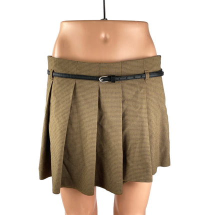Zara Women's Tan Belted Pleated Plaid Tartan A Line Mini Skirt Skort Shorts M