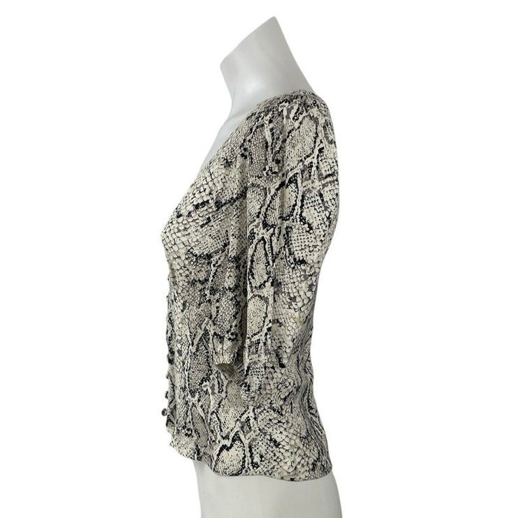 Reformation Eliana Snakeskin Animal Print V Neck 3/4 Sleeve Crop Blouse Top Sz S