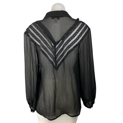Topshop Black Sheer V-shaped Lace Panel Mesh Long Sleeve Button Up Shirt Top 6