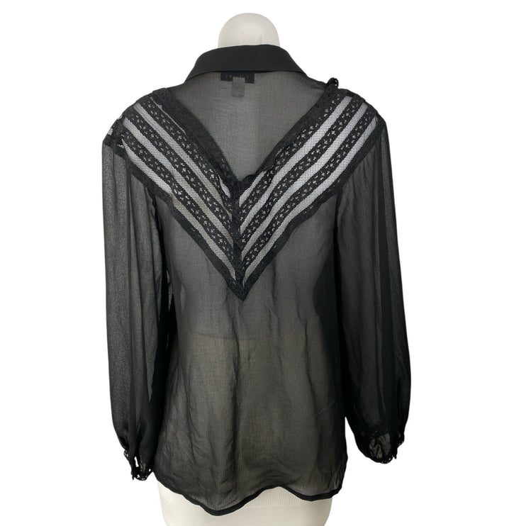 Topshop Black Sheer V-shaped Lace Panel Mesh Long Sleeve Button Up Shirt Top 6