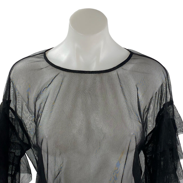 Forever 21 Women's Black Mesh Sheer Ruffle Tiered Sleeve Blouse Top Size L