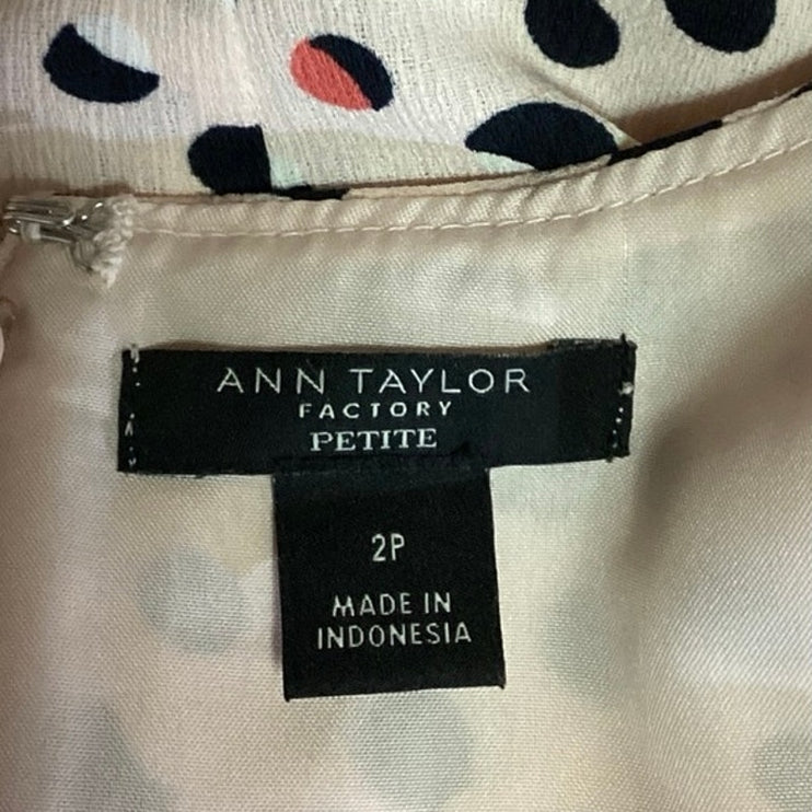 Ann Taylor Factory Cream Polka Dot Ruffle V Neck Fit & Flare Mini Dress Size 2P