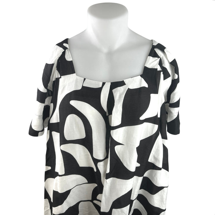 Country Road Black White Linen Abstract Short Sleeve Mini Shift Dress Size 12