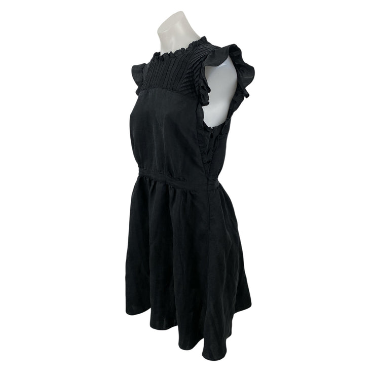 Club Monaco Black Ruffle Sleeve Mock Neck Pintucked Fit & Flare Mini Dress Sz 6