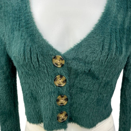 American Eagle Blue Green Fuzzy Fur Long Sleeve Cropped Cardigan Sweater Top XS