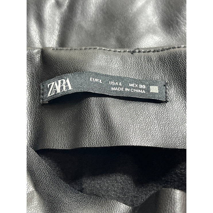 Zara Black Faux Vegan Leather Low Rise Double Belt Mini Flare A-Line Skirt Sz L