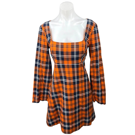 STAUD Orange Multicolor Plaid Square Neck Bell Sleeve Mini Fit & Flare Dress 10