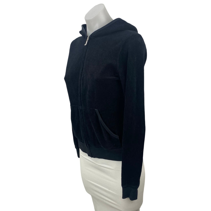 Juicy Couture Womens Black Velvet Velour Full Zip Hoodie Hooded Sweatshirt Top M