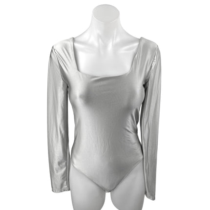House of Harlow 1960 Silver Metallic Square Neck Long Sleeve Bodysuit Top Size S