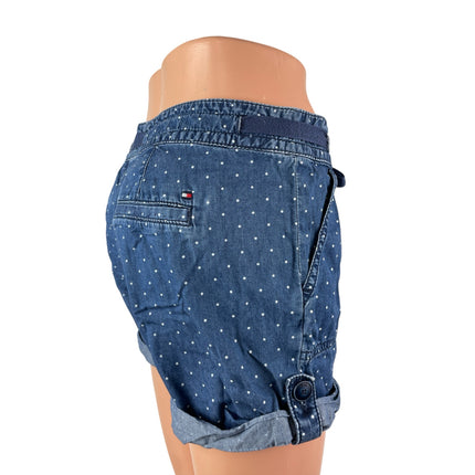 Tommy Hilfiger Women's Blue Polka Dots Cuffed Drawstring Denim Jean Shorts Sz 2