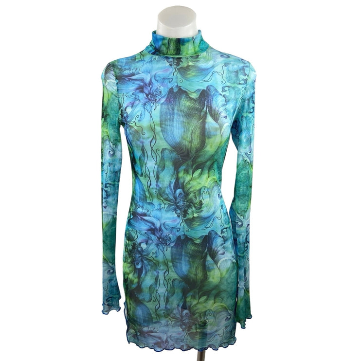 Shein Blue Green Watercolor Paint Abstract Turtleneck Long Sleeve Mini Dress 4