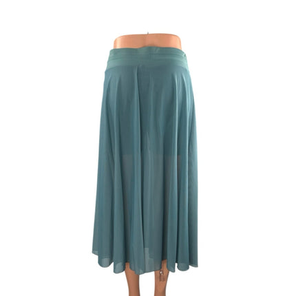 Women's Teal Blue Mesh Sheer Slit Pleated Tie Waist A Line Midi Skirt Size M