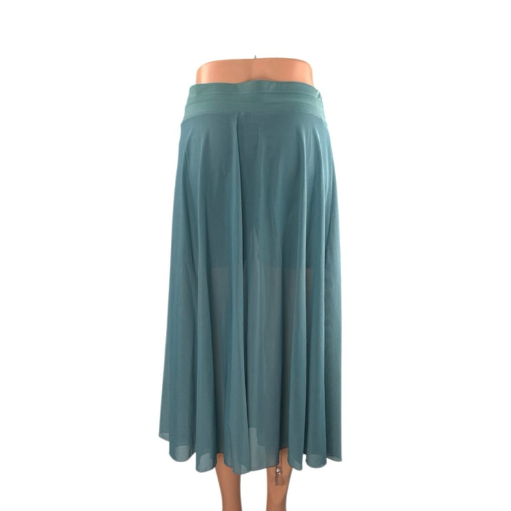 Women's Teal Blue Mesh Sheer Slit Pleated Tie Waist A Line Midi Skirt Size M