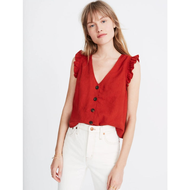 Madewell Rust Coral Linen Ruffle Sleeve V Neck Button Down Boxy Tank Shirt Top 4