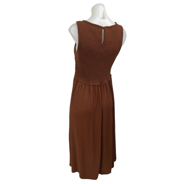 Japsa Women's Brown Smocked Sleeveless Pleated Fit & Flare Midi Dress Size XL