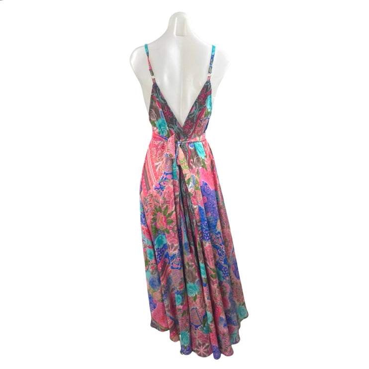 Advance Multicolor SIlk Floral Paisley Deep V Neck Sleeveless A Line Maxi Dress