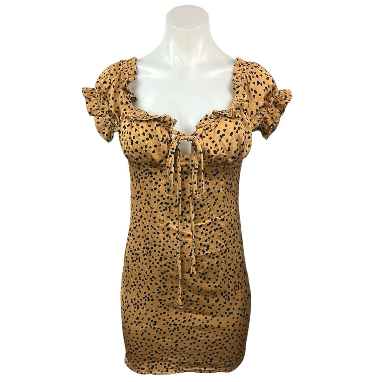 NEW Princess Polly Tan Black Cheetah Silk Satin Ruffle Mini Bodycon Dr Brie NEW Princess Polly Tan Black Cheetah Silk Satin Ruffle Mini Bodycon Dr Brie