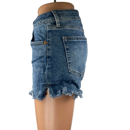 Justusa Women's Blue Mid Rise Frayed Raw Hem Mini Cutoff Denim Jeans Shorts Sz M