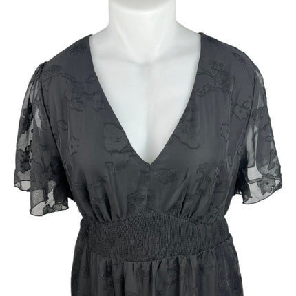 Simplee Black Embroidered Floral V-Neck Flutter Sleeve Midi A Line Dress Sz 3XL