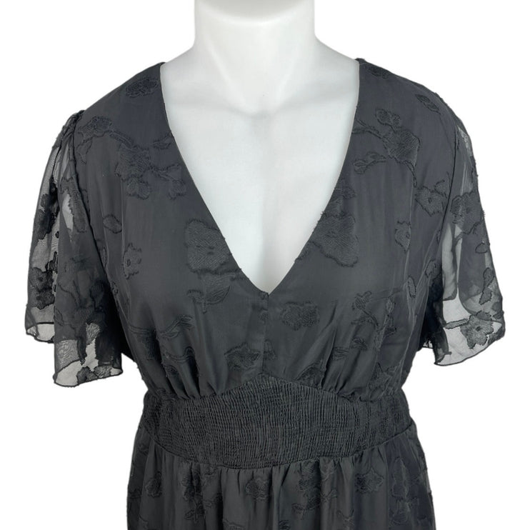 Simplee Black Embroidered Floral V-Neck Flutter Sleeve Midi A Line Dress Sz 3XL