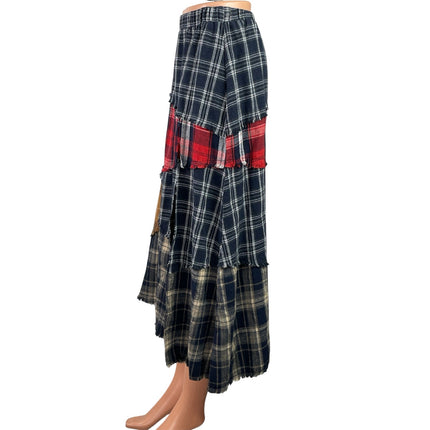 Minga London Multicolor Plaid Patchwork Asymmetric Slit Maxi A-line Skirt Size M
