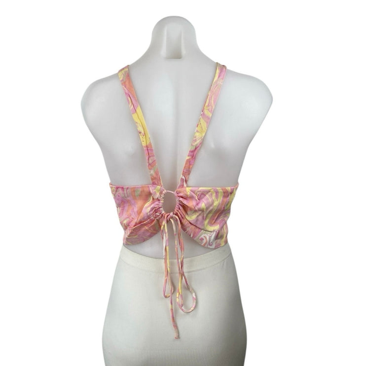 Zara Pink Yellow Silk Satin Marble Tie Dye Open Tie Back Brami Tank Crop Top L