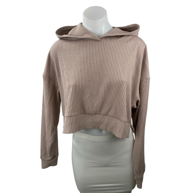 Alo Yoga Women's Beige Ribbed Knit Hoodie Hooded Long Sleeve Crop Sweatshirt S