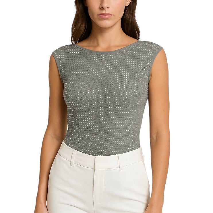 Zara Women's Gray Rhinestone Sleeveless Open Back Tank Bodysuit Top Size S