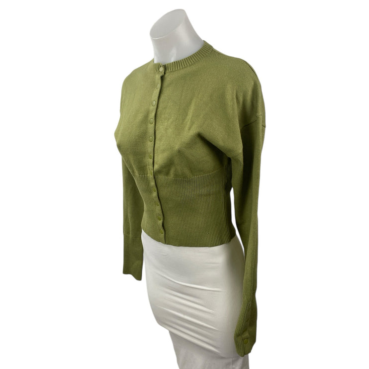 Lioness Women's Green Knit Crew Neck Long Sleeve Crop Cardigan Sweater Top Sz S