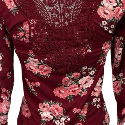 No Boundaries Burgundy Red Vneck Floral 3/4 Sleeve Faux Button Tie Blouse Top XS