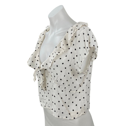 MNG Mango White Black Polka Dot Ruffle Short Sleeve Cropped Blouse Top Size 8