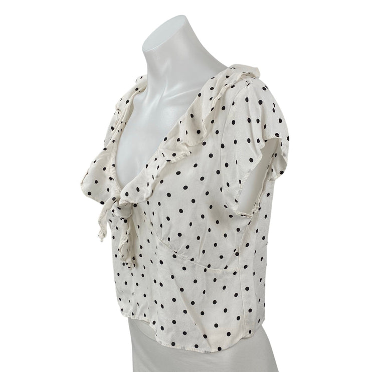 MNG Mango White Black Polka Dot Ruffle Short Sleeve Cropped Blouse Top Size 8