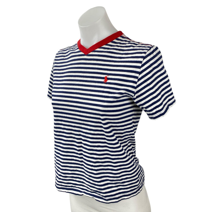 Polo Ralph Lauren White Navy Striped V Neck Short Sleeve Basic Tee T-Shirt Top S