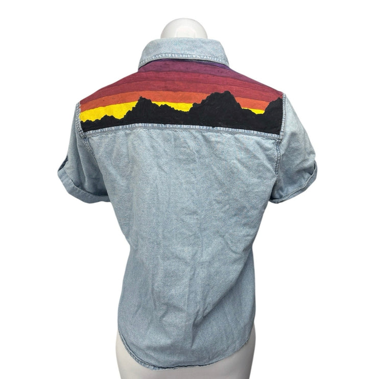 Harley Davidson Women's Upcycled Short Sleeve Graphic Print Denim Jean Shirt Top