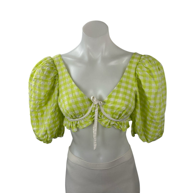 For Love & Lemons Maureen Green Gingham Check Puff Sleeve Crop Top Size XS