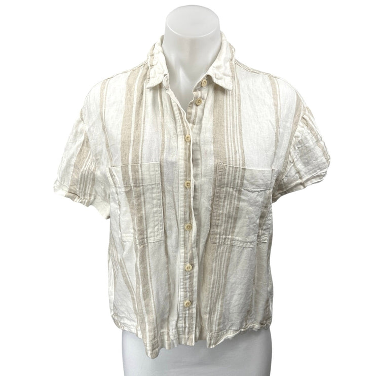 Madewell White Beige Linen Striped Pocket Cropped Button Down Shirt Top Size XS