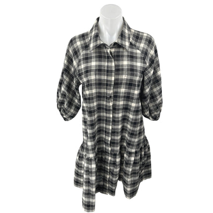 Jonathan Simkhai Black Plaid Checkered Short Sleeve Button Up Mini Shirt Dress S