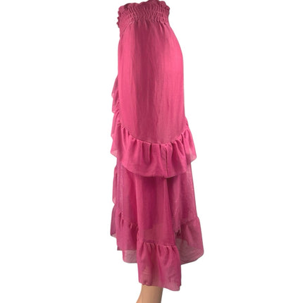 Alamour Pink Ruffle Tiered Elastic Waist Asymmetrical Midi A-Line Skirt Size XS