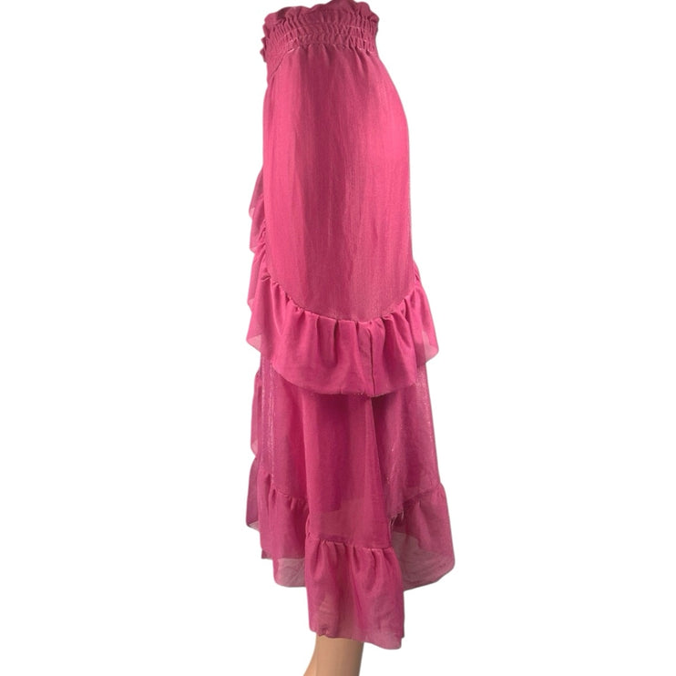 Alamour Pink Ruffle Tiered Elastic Waist Asymmetrical Midi A-Line Skirt Size XS
