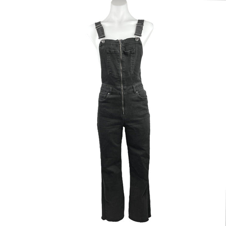 ZARA Black Denim Dungarees Zip Front Flared Raw Hem Jean Overalls Jumpsuit Sz M