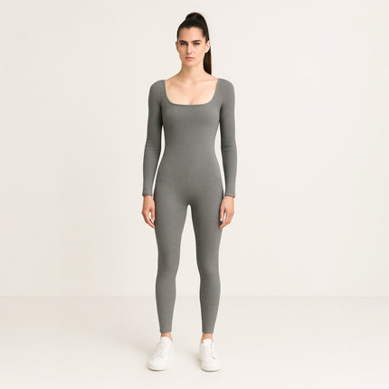 FCT with Love Gray Ribbed Knit Long Sleeve Square Neck One Piece Jumpsuit Size S